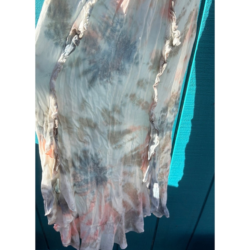 Romantic Boho Me Tie Dye Ruffle Midi Dress Blue Peach Smocked Tie Front High Low - Picture 4 of 7